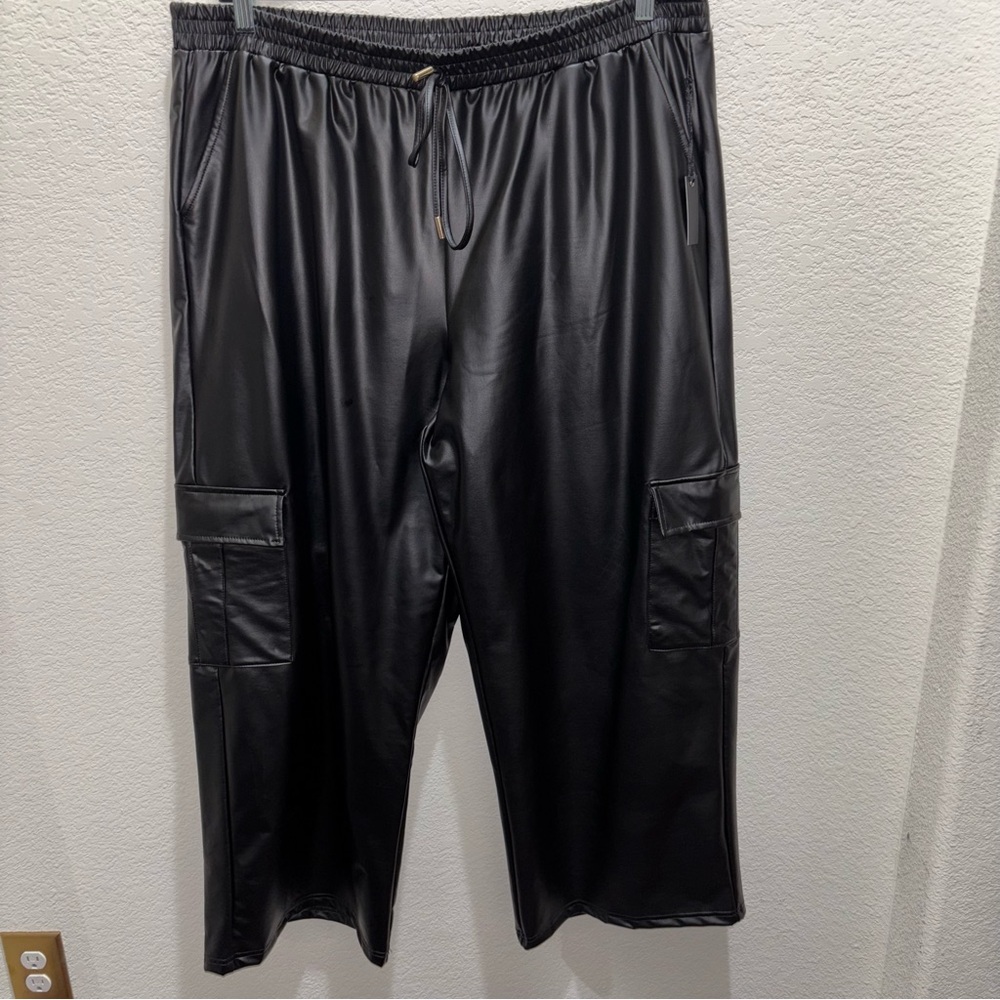 3rd Malt Women’s 3XL Black Faux Leather Cargo Pants Wide Leg Drawstring NWT